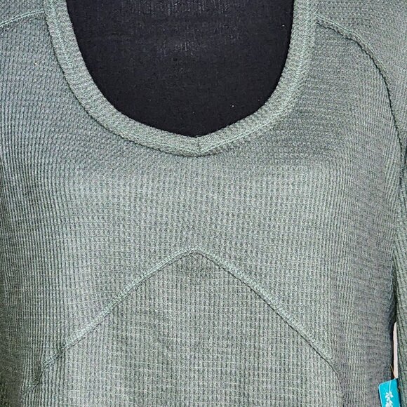 Fringe Studios Green Cotton Poly LS Deep Side Slit High Low Waffle Knit Top Sz M - Picture 3 of 16